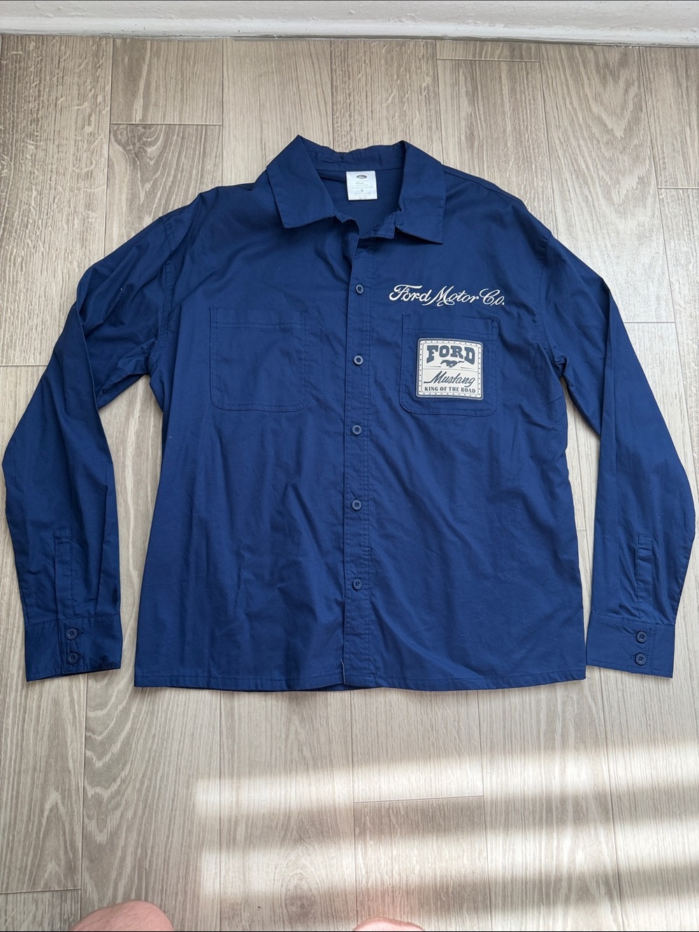Ford Navy Long-Sleeve Button-Down Work Shirt with Mustang Patch
